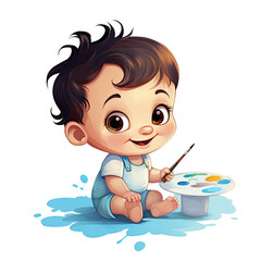 An illustration of a sitting baby painter holding a paintbrush