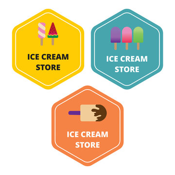 Tres coloridos logotipos de helados con tipograf&iacute;a.  Dise&ntilde;os divertidos para la identidad de marca de helados. Fondo blanco. Copy space