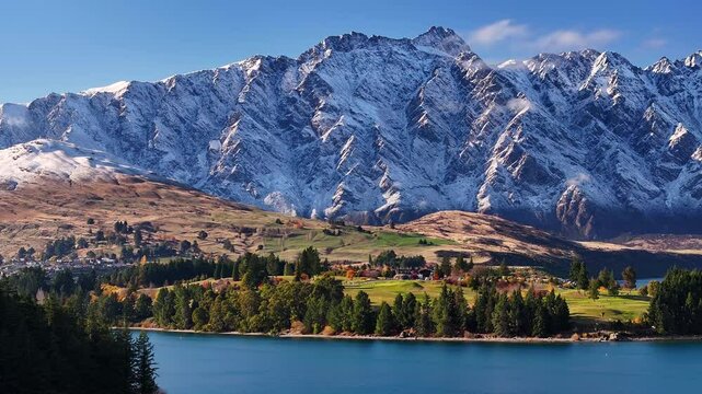 Fresh snow on The Remarkables mountain range in Queenstown. Beautiful natural landscape. New Zealand aerial