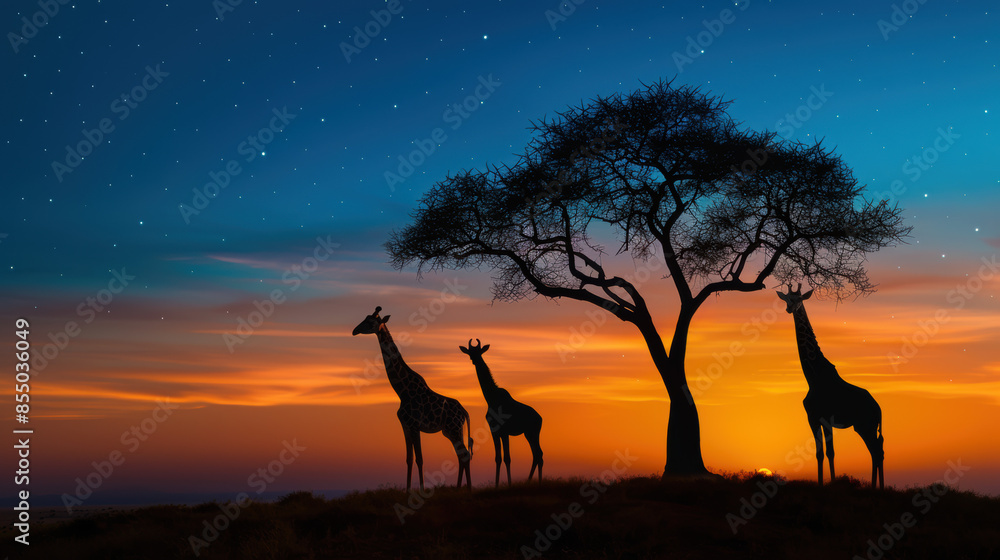 Poster three giraffes standing in front of a tree in a field at dusk