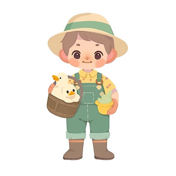 An illustration of a baby holding a basket with two ducks inside