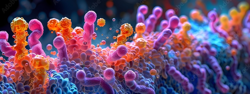 Poster exploring the intricate gut microbiome with comprehensive microscopic details