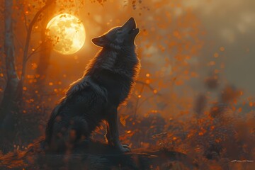 Stunning HD wallpaper of a black wolf howling at the moon, set against a mystical night sky. Perfect for adding a touch of wilderness and mystery to your desktop.