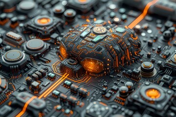 Fototapeta premium A visually intricate image showcasing the brain of an advanced computer integrated with an electronic circuit board, highlighting the intersection of complex neural networks.