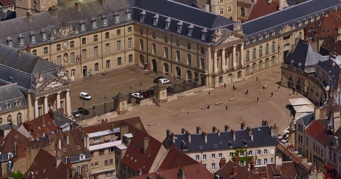 Aerial view around the town Dijon. Flight through the historic center of Dijon, the capital of Burgundy. Ancient hotels of the Middle Ages have been preserved to this day. French culture