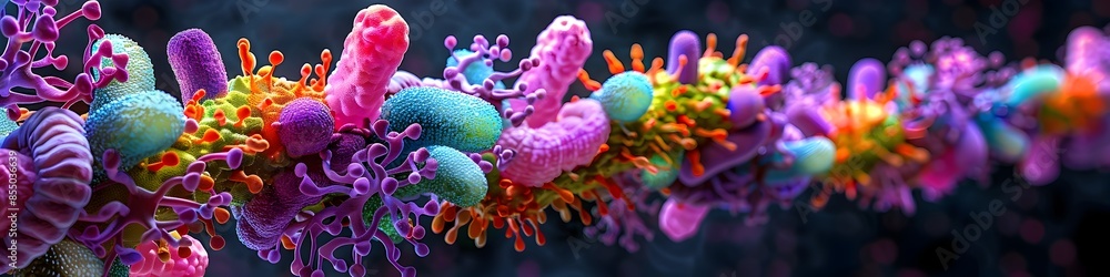Poster unveiling the vibrant gut microbiome intricate network of colorful microbial structures