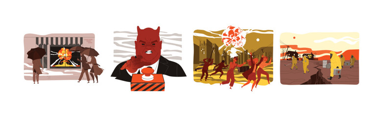 Danger of Nuclear Catastrophe with Horned Evil Man Vector Illustration Set