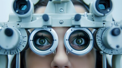 A woman is looking into a pair of eyeglasses. The eyeglasses are white and have a black frame. The woman's eyes are open and she is focused on something