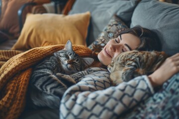 Obraz premium Smiling young woman lying on a comfortable sofa in her cozy living room, with her pet cat cuddled up beside her.