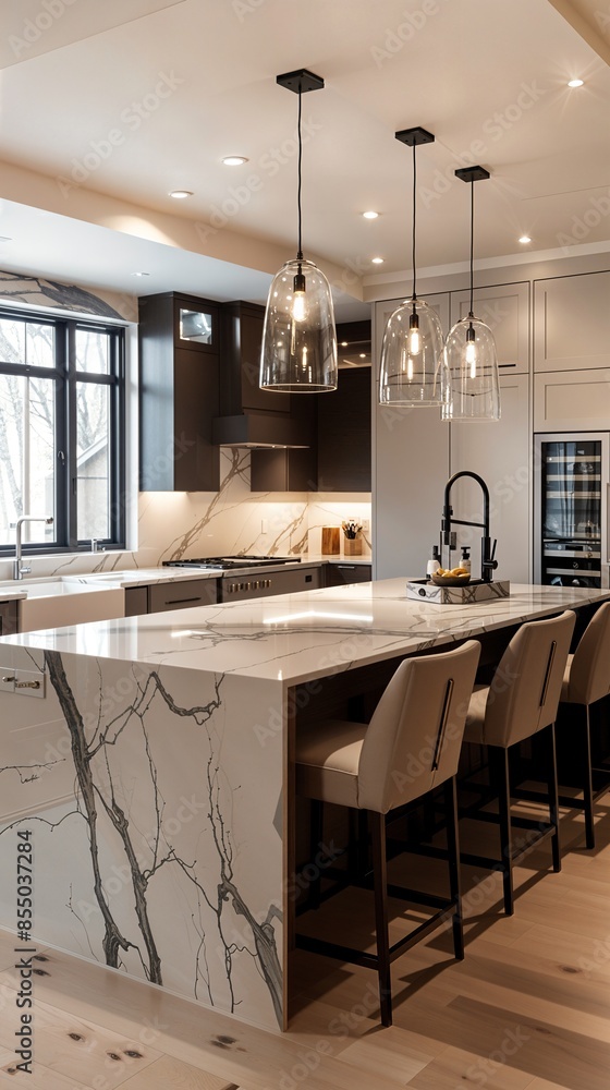 Poster a kitchen with a marble island and bar stools