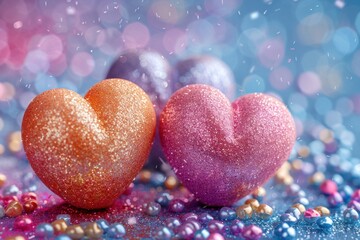 Fototapeta premium Closeup of two glitter hearts on a bed of colorful sequins