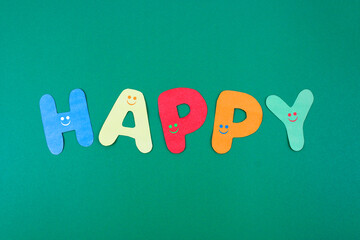 Word Happy with various expressions of happiness on it