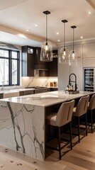 a kitchen with a marble island and bar stools