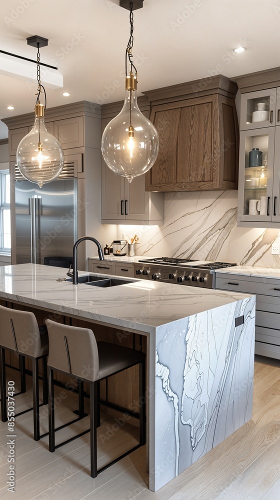 Poster a kitchen with marble counter tops and a marble island