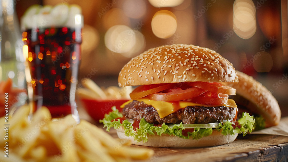 Wall mural  A burger with fries and a glass of soda on a wooden table in a cozy restaurant setting.