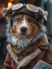 Adventurous Canine Pilot Standing in Front of Small Airplane with Flight Plan