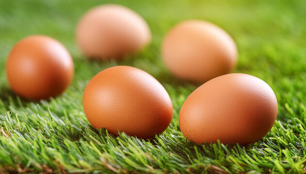 Brown chicken eggs on green grass in garden. Organic farm product. Natural food.