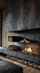 a modern loft-style home with a fireplace featuring a black metal shelf, wood on a wooden floor, and a brick wall background.
