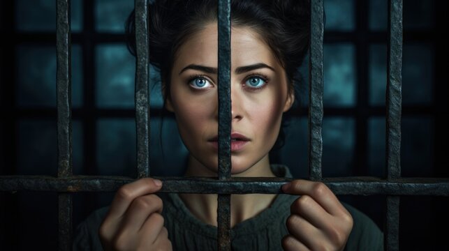 Female prisoner with hands on steel grating, close up female crime in prison