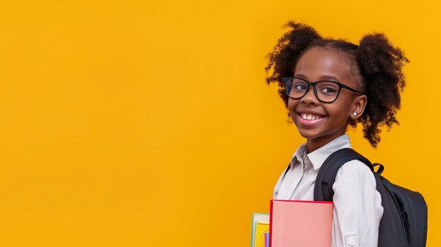 a school studen with glasses holding books on isolated background, backpack