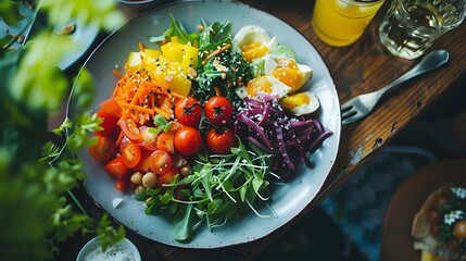 A colorful salad with a variety of vegetables and a piece of meat. The plate is set on a wooden table with a fork and knife