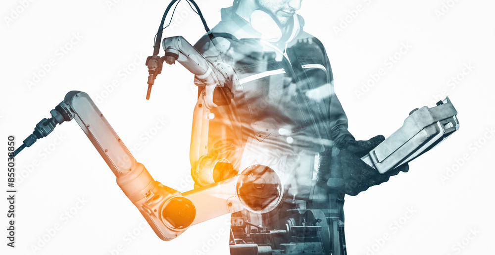 Poster mlp mechanized industry robot arm and factory worker double exposure. concept of robotics technology