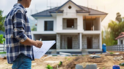 Construction Manager Reviewing House Plans in Front of a Modern Home Under Construction