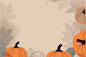 Naklejka premium Thanksgiving halloween border frame background template, pumpkins and fall leaves on a beige background.