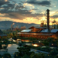 Fototapeta premium Renewable Energy Power Plant Harnessing the Power of Sun and Biomass