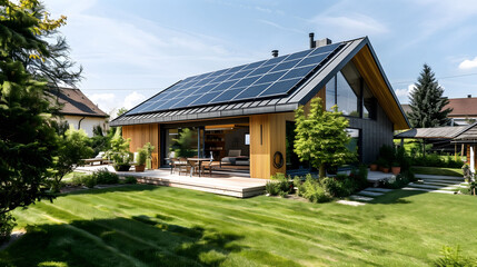  A modern house with solar panels on the roof