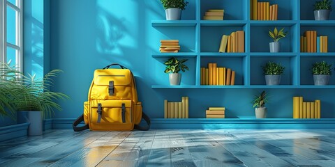 Yellow backpack in a blue room with bookshelves, plants, and sunlight, ideal for back-to-school promotions or educational content.