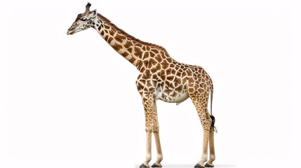 Obraz premium A giraffe, with its long neck and distinctive pattern, stands gracefully on a white background, its head reaching towards the sky. The image highlights the animals unique features and its adaptation