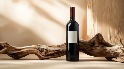 A bottle of red wine with a composition of old wood. Minimalist composition, Product and packaging	