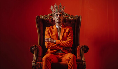 Photo of handsome young man wear gold crown sitting comfort armchair