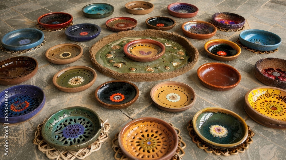 Aufkleber handmade cup holders and small items arranged on floor in circular patterns