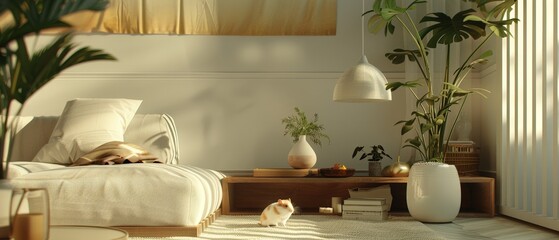 Minimalist living room with white couch, potted plants and natural light.