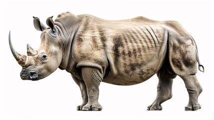 Fototapeta premium Rhinoceros A massive rhinoceros, with its thick, gray hide and imposing horns, stands confidently on a white background, its presence commanding respect. The image highlights the animals strength and