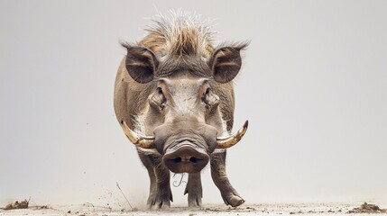 A warthog, with its distinctive tusks and bristly coat, stands on a white background, its face conveying a mix of curiosity and wariness. The image captures the animals resilience and adaptability to