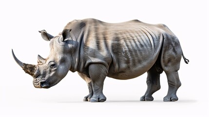 Obraz premium Rhinoceros A massive rhinoceros, with its thick, gray hide and imposing horns, stands confidently on a white background, its presence commanding respect. The image highlights the animals strength and