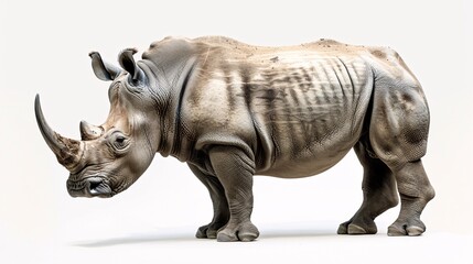 Fototapeta premium Rhinoceros A massive rhinoceros, with its thick, gray hide and imposing horns, stands confidently on a white background, its presence commanding respect. The image highlights the animals strength and