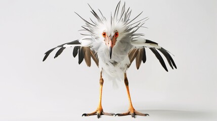 Secretary Bird A secretary bird, with its long legs and distinctive crest, stands on a white background, its eyes focused intently on the ground. The image captures the birds unique appearance and