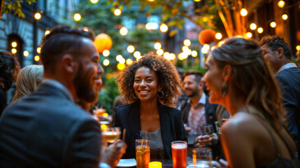 Smiling Business Professionals at an Outdoor Evening Event