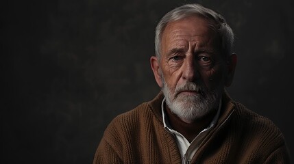 Fototapeta premium Portrait front side view of an older man on the dark background.