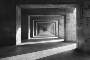 Symmetrical passageway with rigid concrete walls and ambient light