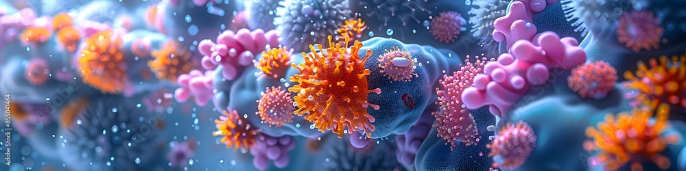 Poster intricate microscopic patterns of gut and skin microbiota in vibrant 3d rendering