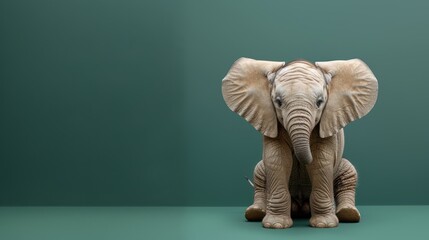 An elephant with a long trunk, sitting in a studio, isolated on a green background.