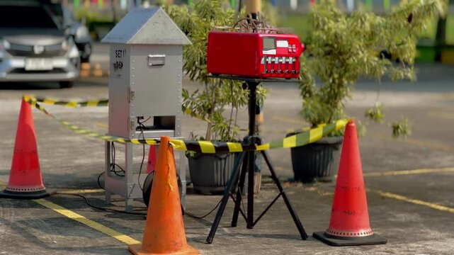 Impinger and HVAS (High Volume Air Sampler). An air quality checking device installed outside the room and surrounded by warning sign tape.