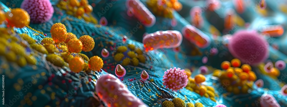 Poster exploring the intricate microbial landscape of the human microbiome through 3d rendering