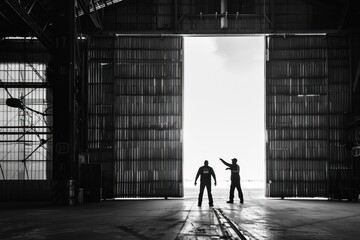 Two men push open the large doors of a hangar at sunset.
