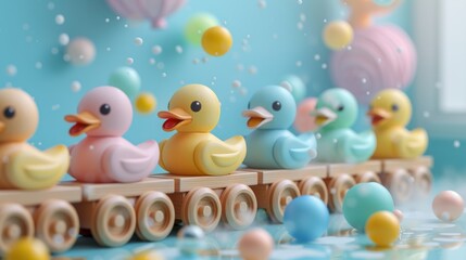 Colorful Toy Duck Train in Whimsical Playroom with Soft Lighting